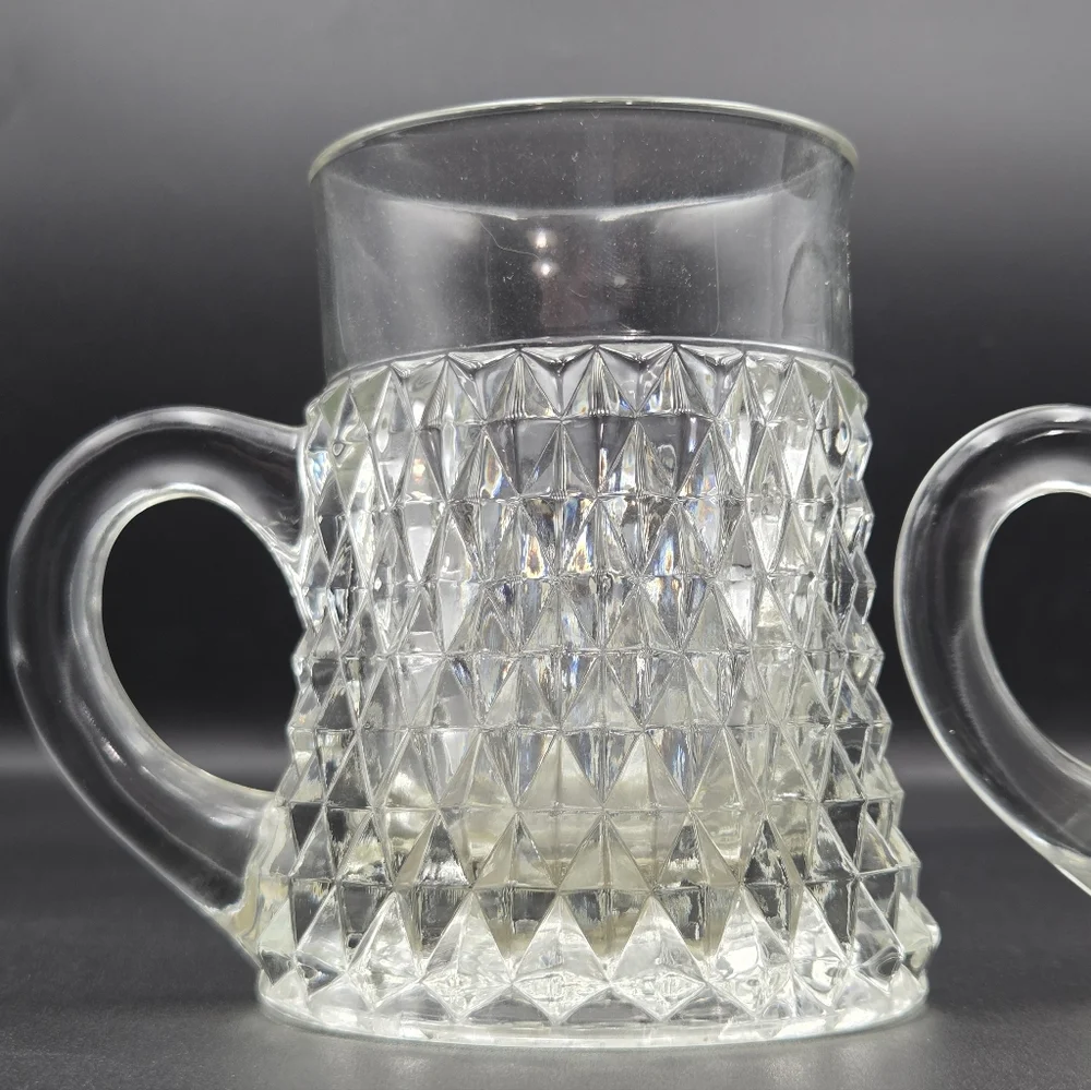 Indiana Glass Diamond Point‎ Handled Coffee Mug Clear Cup Beer Set of 2